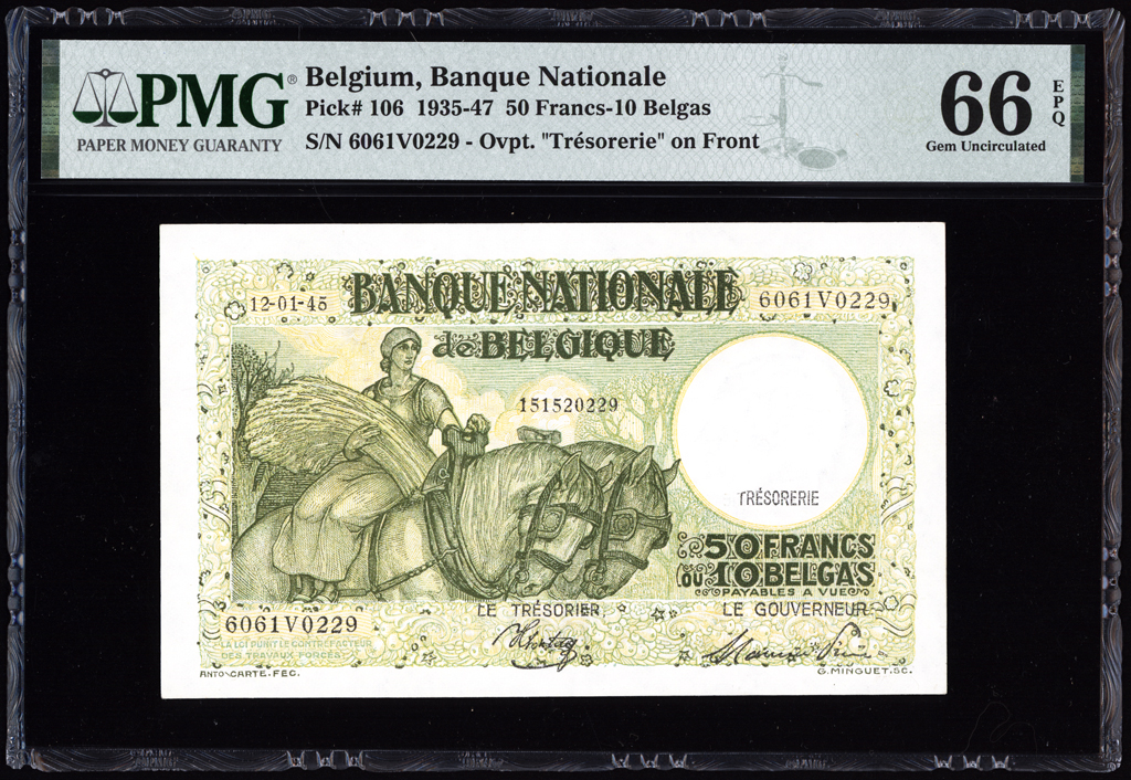 Belgium 50 Francs = 10 Belgas 1945 P106 PMG Gem Uncirculated 66 EPQ