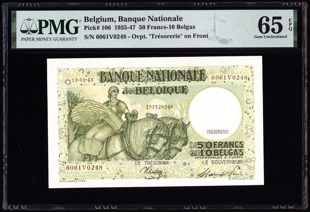 Belgium 50 Francs = 10 Belgas 1945 P106 PMG Gem Uncirculated 65 EPQ