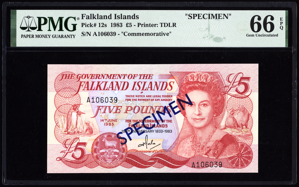 Falkland Islands 5 Pounds Specimen 1983 P12s PMG Gem Uncirculated 66 EPQ