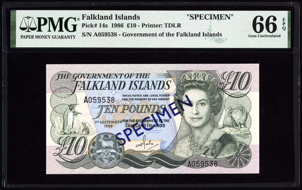 Falkland Islands 10 Pounds Specimen 1986 P14s PMG Gem Uncirculated 66 EPQ