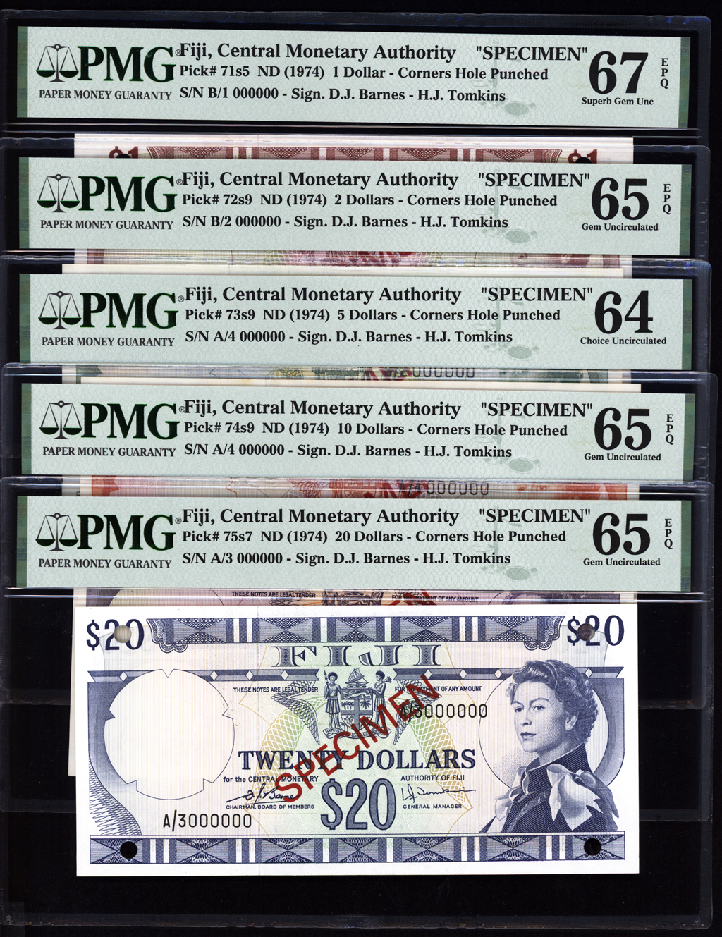 Fiji 1-20 Dollar Specimen Set 1974 P71-75s PMG Uncirculated 64-67 EPQ