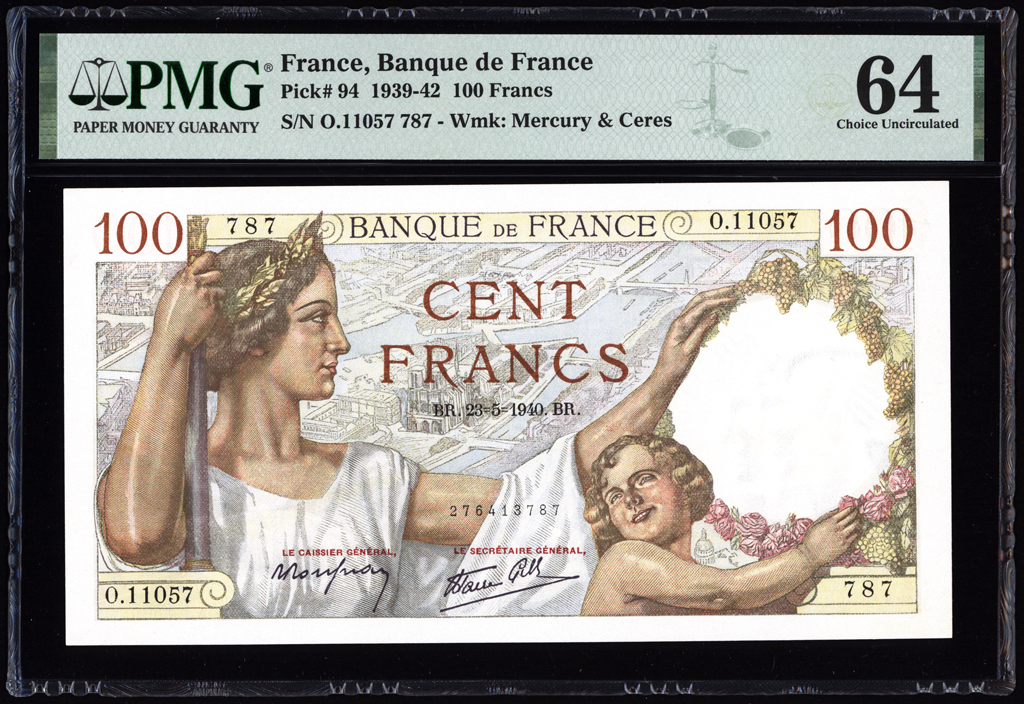 France 100 Francs 1940 P94 PMG Choice Uncirculated 64 RADAR