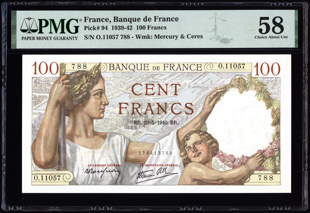 France 100 Francs 1940 P94 PMG Choice About Uncirculated 58