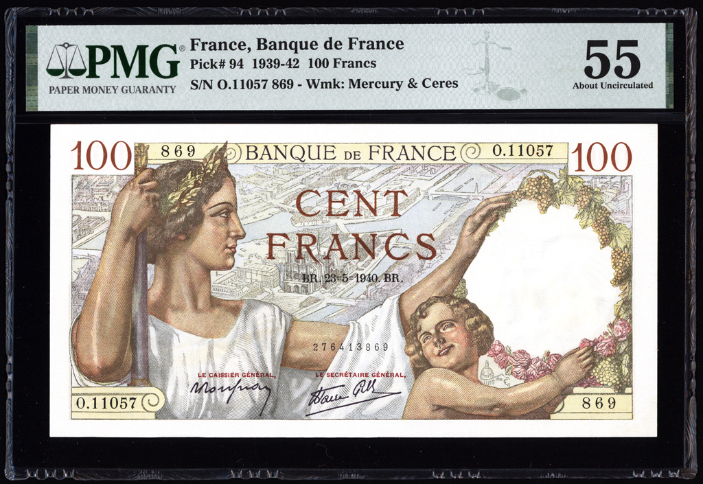 France 100 Francs 1940 P94 PMG About Uncirculated 55