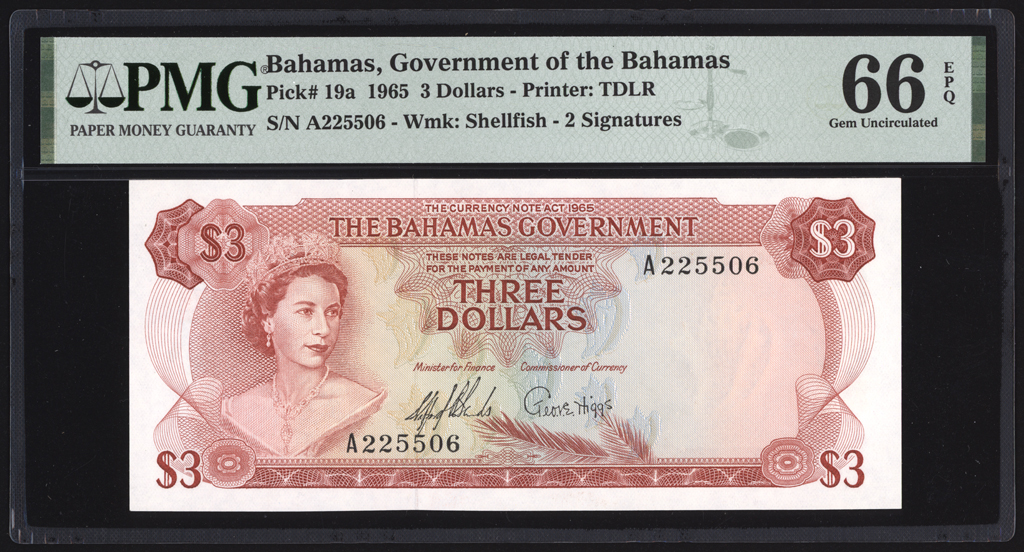 Bahamas 3 Dollars 1965 P19a PMG Gem Uncirculated 66 EPQ