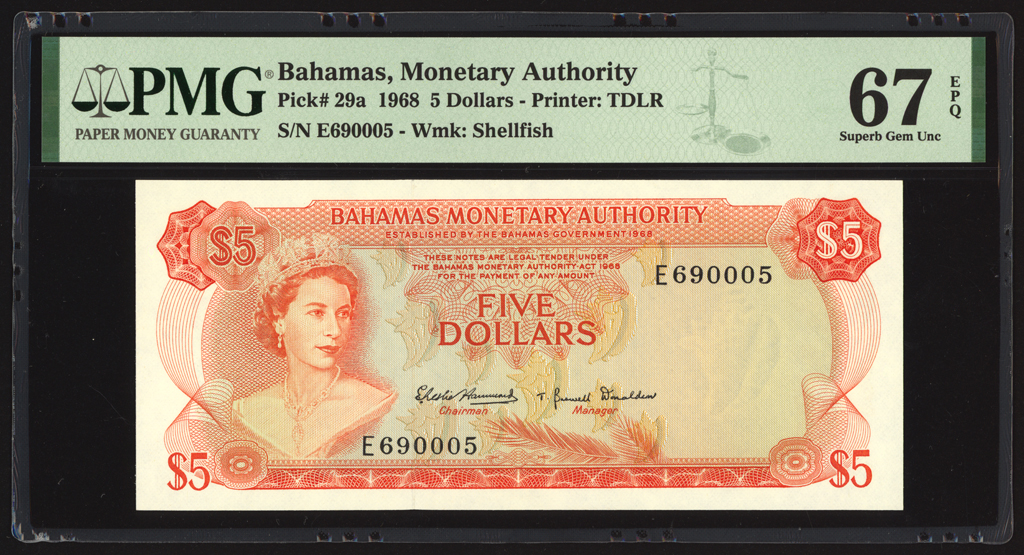 Bahamas 5 Dollars 1968 P29a PMG Superb Gem Uncirculated 67 EPQ TOP POP