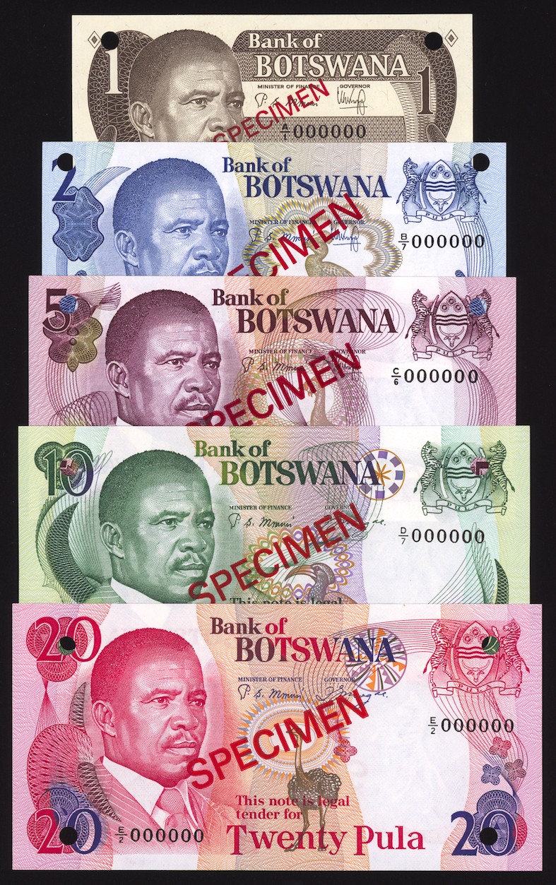 Botswana 1 Pula – 20 Pula Specimen Set 1982-83 P6s – P10s Uncirculated