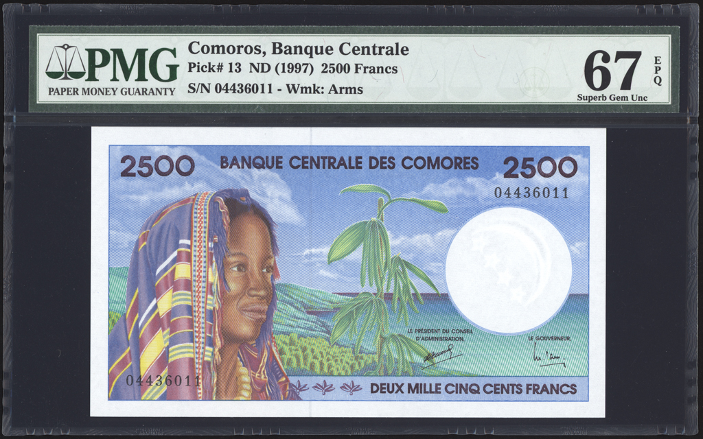 Comoros 2500 Francs 1997 P13 PMG Superb Gem Uncirculated 67 EPQ