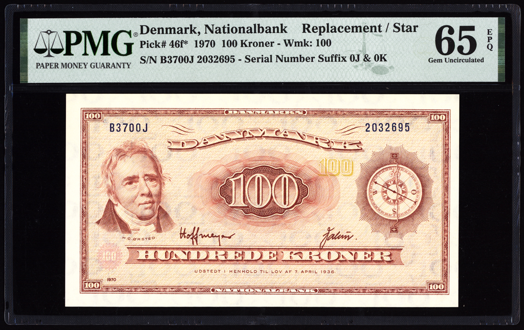 Denmark 100 Kroner 1970 P46f* Replacement PMG Gem Uncirculated 65 EPQ