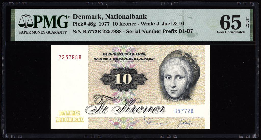 Denmark 10 Kroner 1977 P48g PMG Gem Uncirculated 65 EPQ