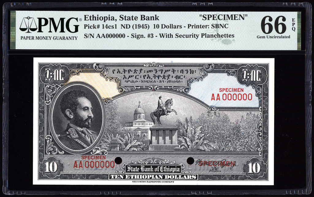 Ethiopia 10 Dollars Specimen 1945 P14cs1 PMG Gem Uncirculated 66 EPQ FINEST