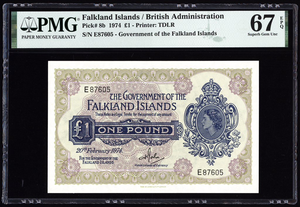 Falkland Islands 1 Pound 1974 P8b PMG Superb Gem Uncirculated 67 EPQ