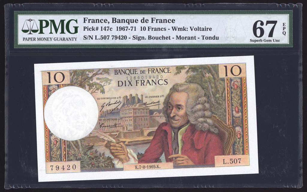 France 10 Francs 1969 P147c PMG Superb Gem Uncirculated 67 EPQ