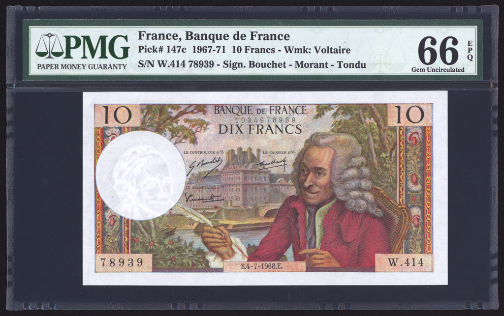 France 10 Francs 1968 P147c PMG Gem Uncirculated 66 EPQ