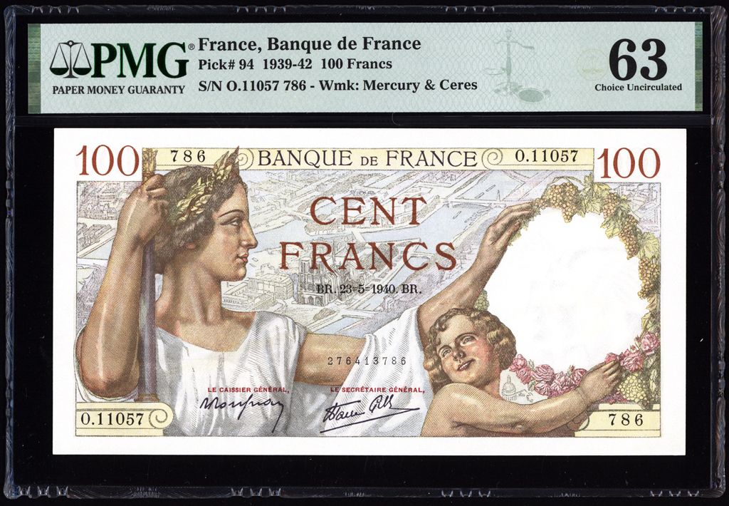 France 100 Francs 1940 P94 PMG Choice Uncirculated 63