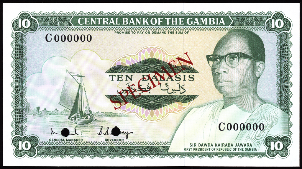 Gambia 10 Dalasis Specimen ND (1972-86) P6bs Uncirculated