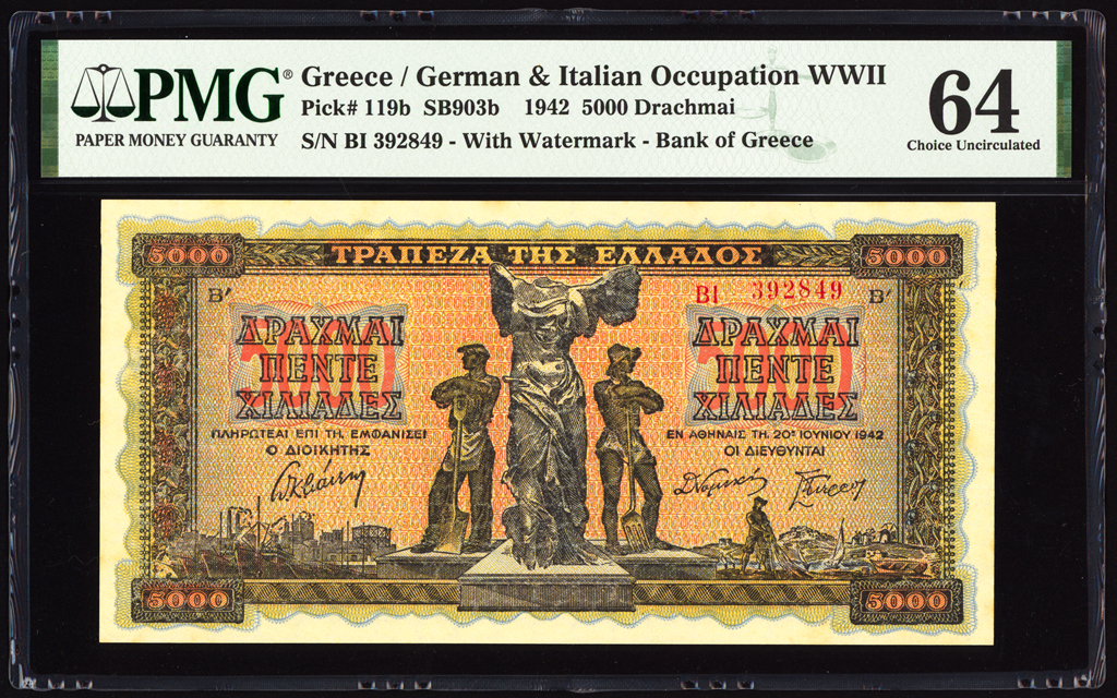 Greece 5000 Drachmai 1942 P119b PMG Choice Uncirculated 64