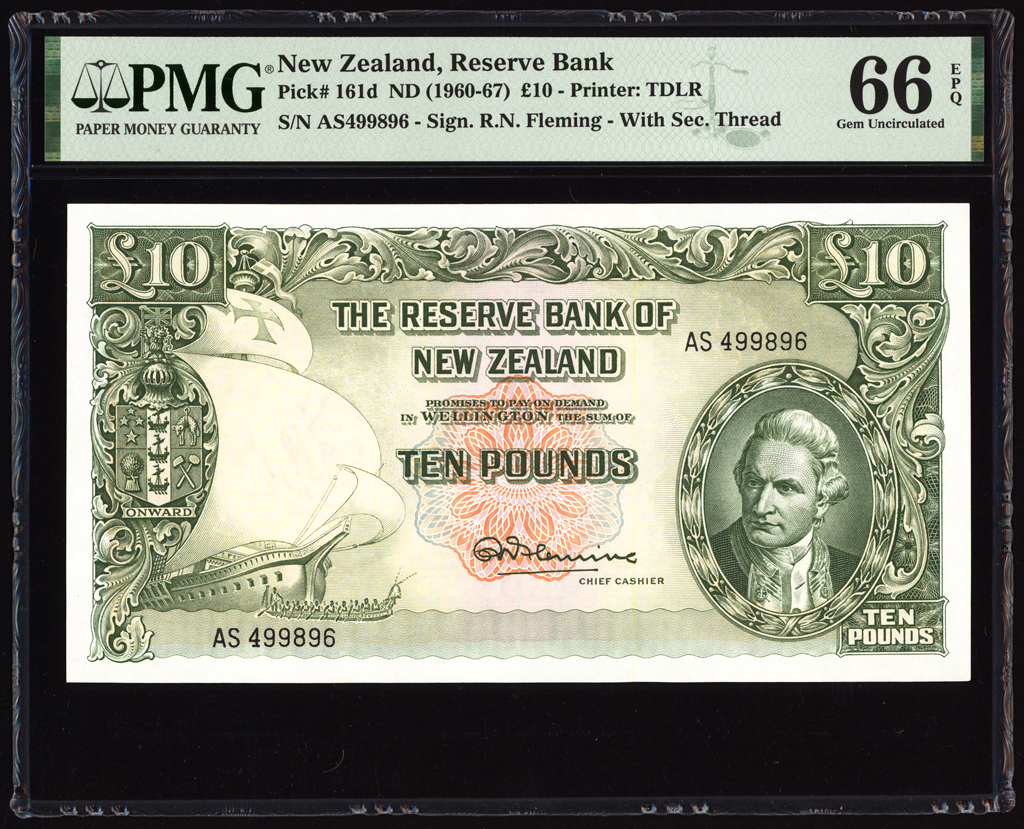 New Zealand 10 Pounds 1967 P161d PMG Gem Uncirculated 66 EPQ