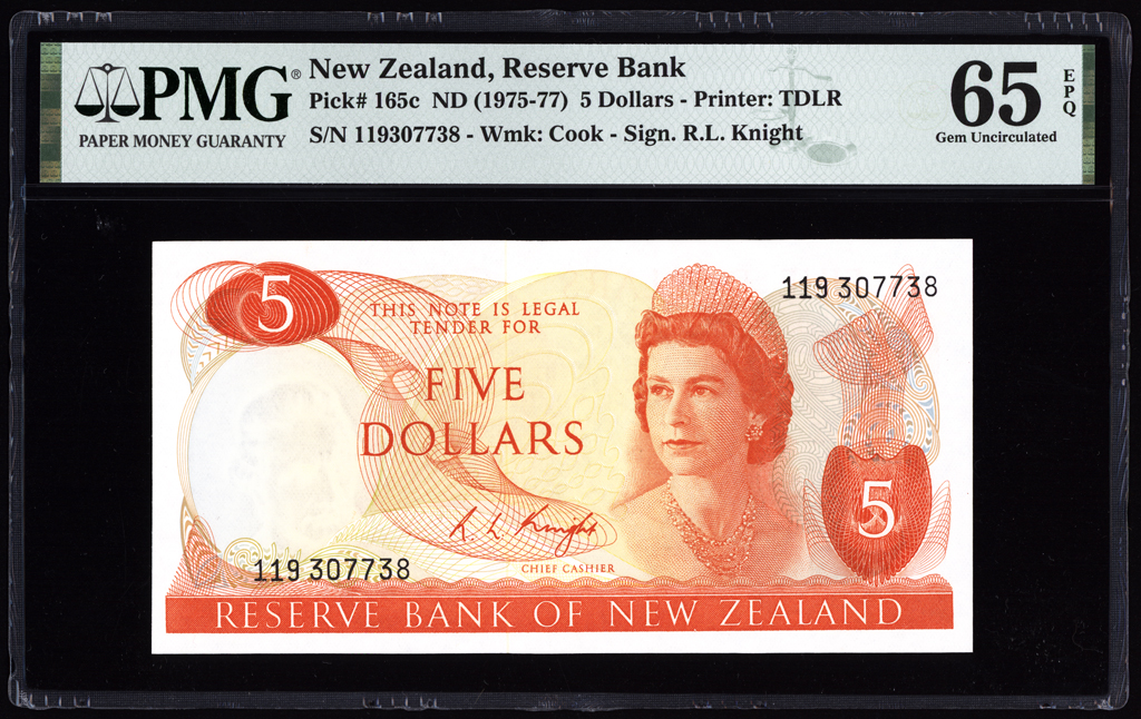 New Zealand 5 Dollars 1975-77 P165c PMG Gem Uncirculated 65 EPQ