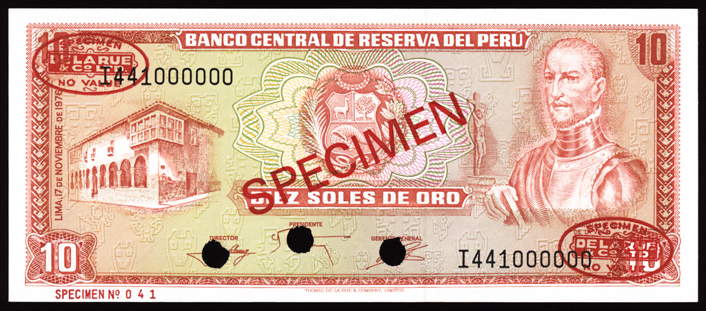 Peru 10 Soles de Oro Specimen 1976 P112s Uncirculated