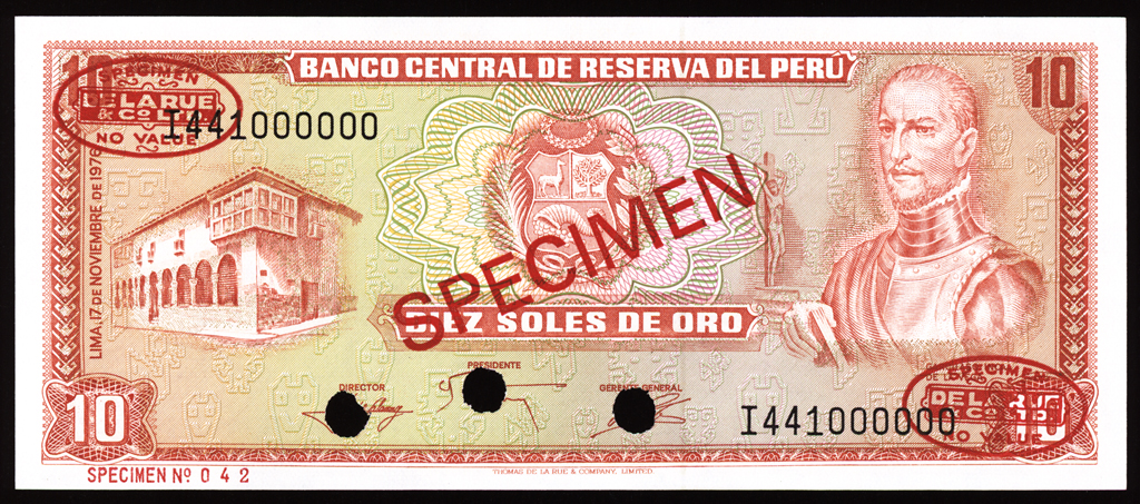 Peru 10 Soles de Oro Specimen 1976 P112s Uncirculated