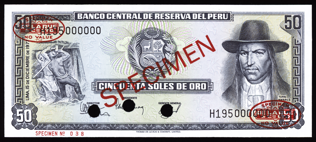 Peru 50 Soles de Oro Specimen 1977 P113s Uncirculated