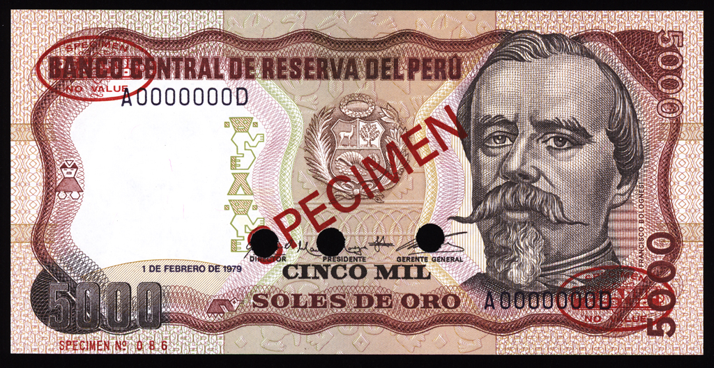 Peru 5000 Soles de Oro Specimen 1979 P119s Uncirculated