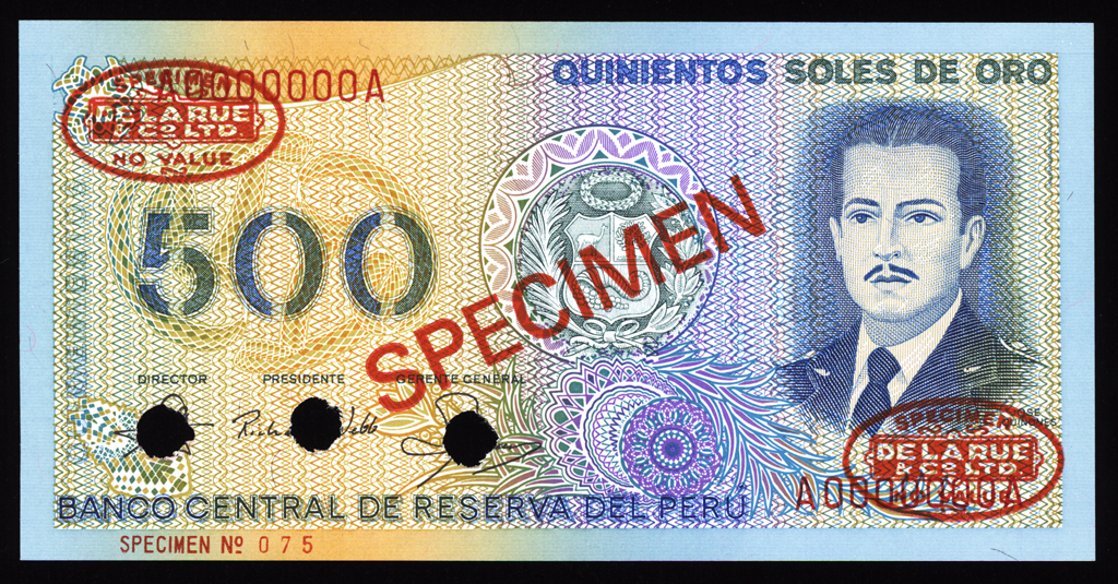 Peru 500 Soles de Oro Specimen 1982 P125As Uncirculated