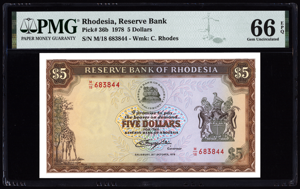 Rhodesia 5 Dollars 1978 P36b PMG Gem Uncirculated 66 EPQ