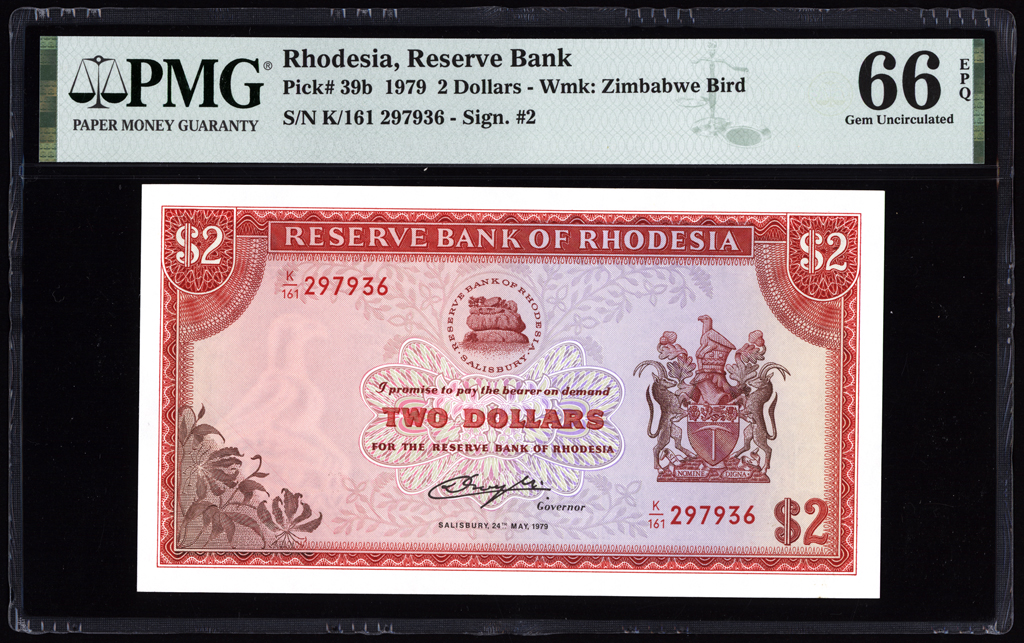 Rhodesia 2 Dollars 1976 P39b PMG Gem Uncirculated 66 EPQ