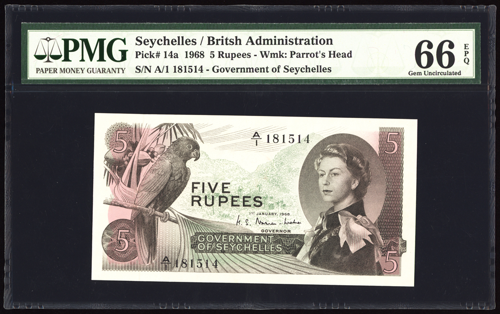 Seychelles 5 Rupees 1968 P14a PMG Gem Uncirculated 66 EPQ