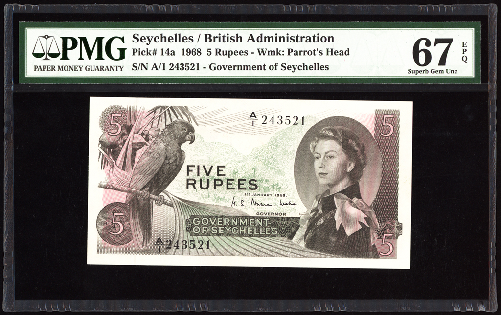 Seychelles 5 Rupees 1968 P14a PMG Superb Gem Uncirculated 67 EPQ