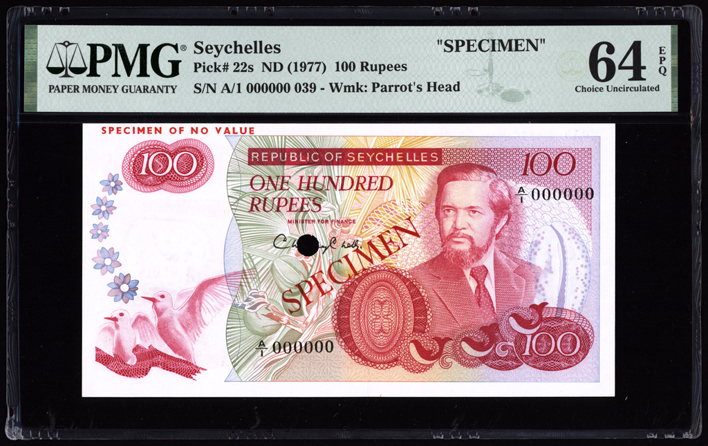 Seychelles 100 Rupees Specimen 1977 P22s PMG Choice Uncirculated 64 EPQ