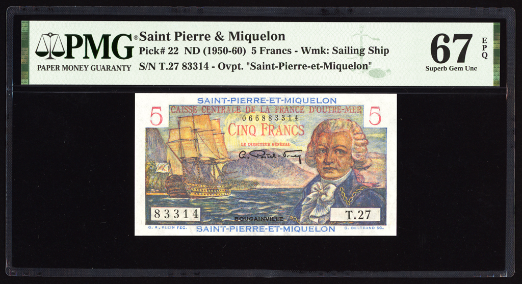 Saint Pierre & Miquelon 5 Francs 1950-60 P22 PMG Superb Gem Uncirculated 67 EPQ