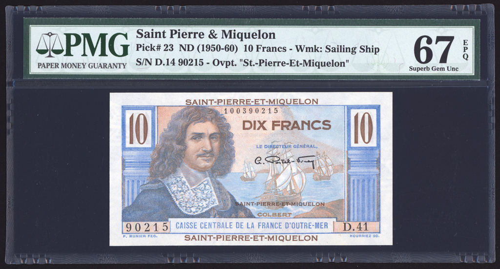 Saint Pierre & Miquelon 10 Francs 1950-60 P23 PMG Superb Gem Uncirculated 67 EPQ