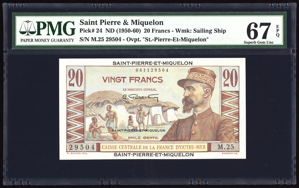 Saint Pierre & Miquelon 20 Francs 1950-60 P24 PMG Superb Gem Uncirculated 67 EPQ