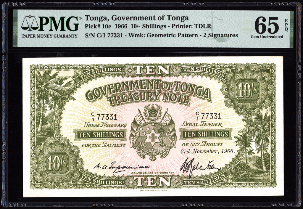 Tonga 10 Shillings 1966 P10e PMG Gem Uncirculated 65 EPQ