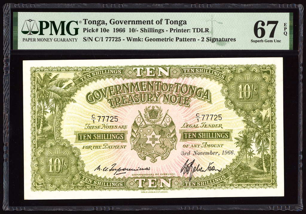 Tonga 10 Shillings 1966 P10e PMG Superb Gem Uncirculated 67 EPQ TOP POP