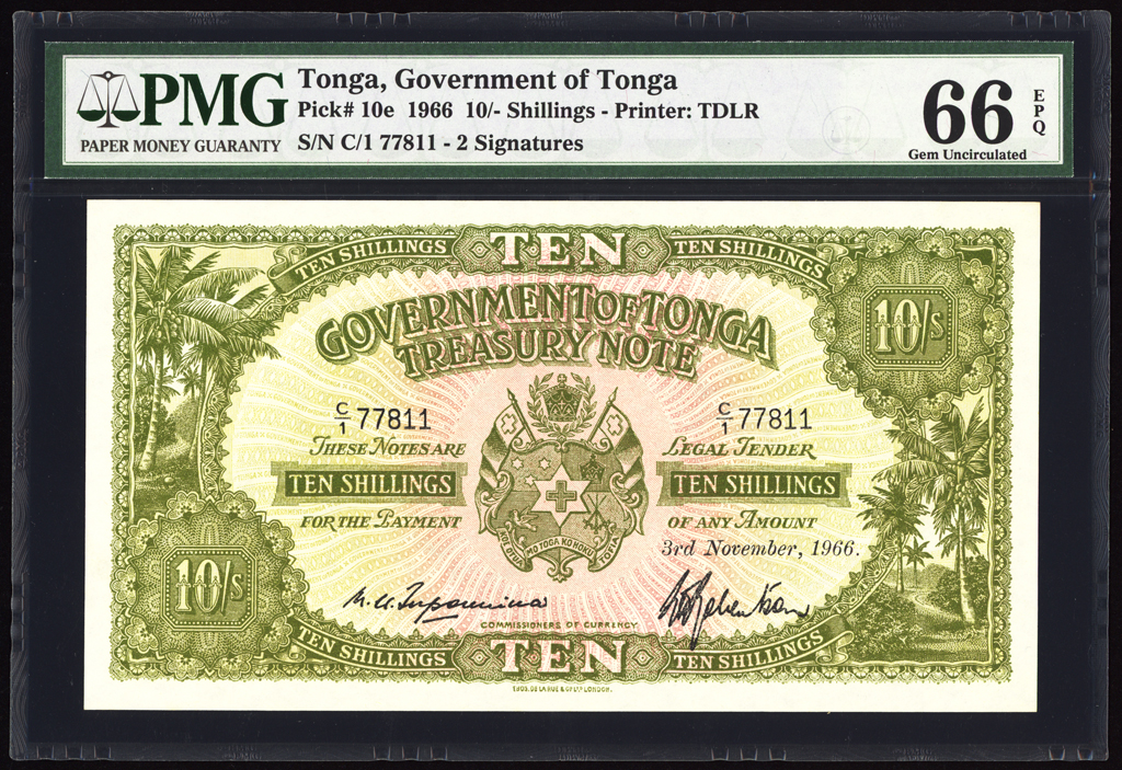 Tonga 10 Shillings 1966 P10e PMG Gem Uncirculated 66 EPQ