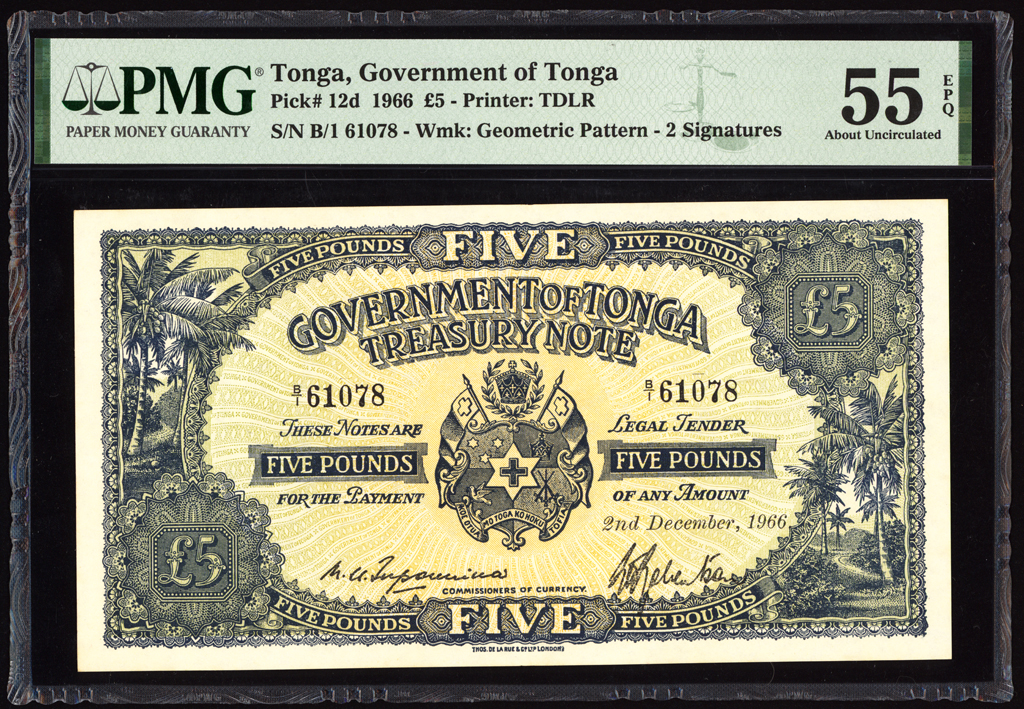 Tonga 5 Pounds 1966 P12d PMG About Uncirculated 55 EPQ