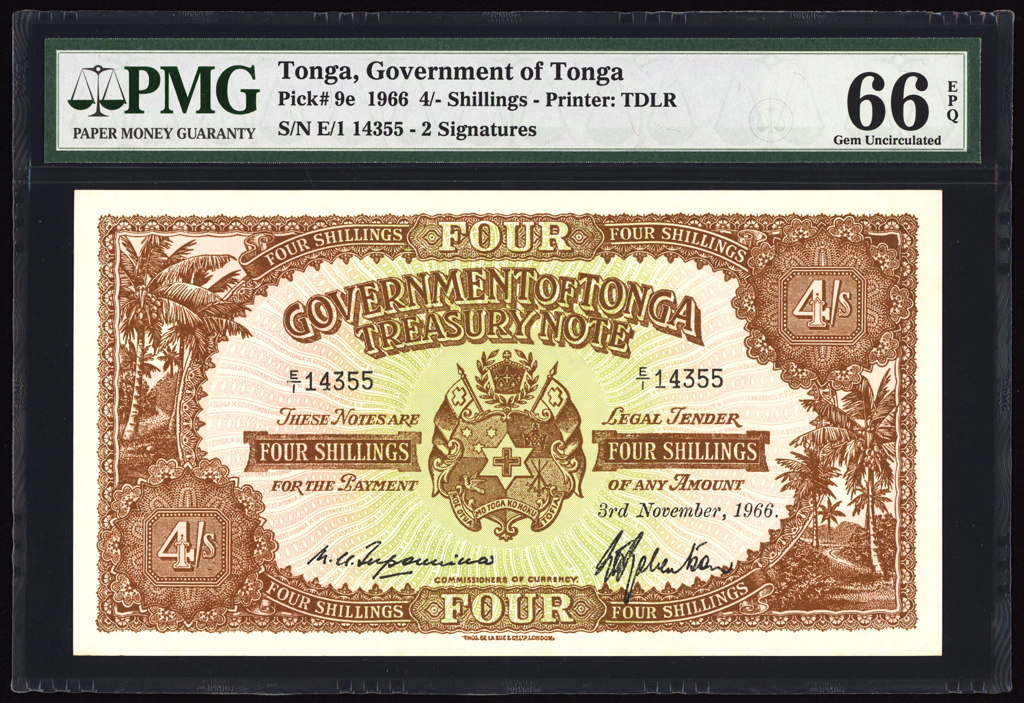 Tonga 4 Shillings 1966 P9e PMG Gem Uncirculated 66 EPQ