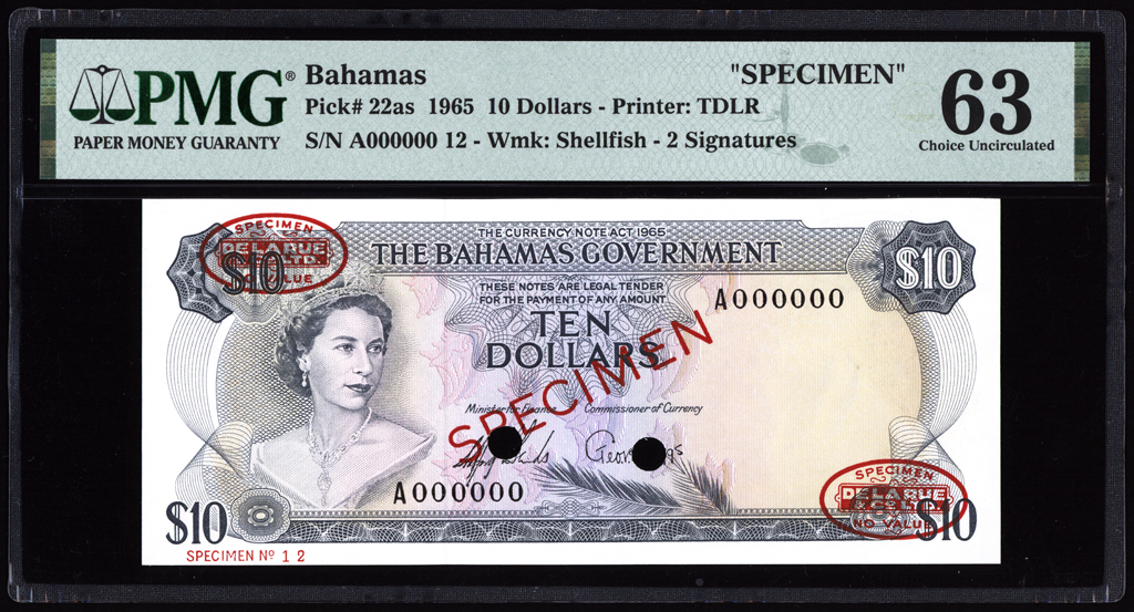 Bahamas 10 Dollars Specimen 1965 P22as PMG Choice Uncirculated 63