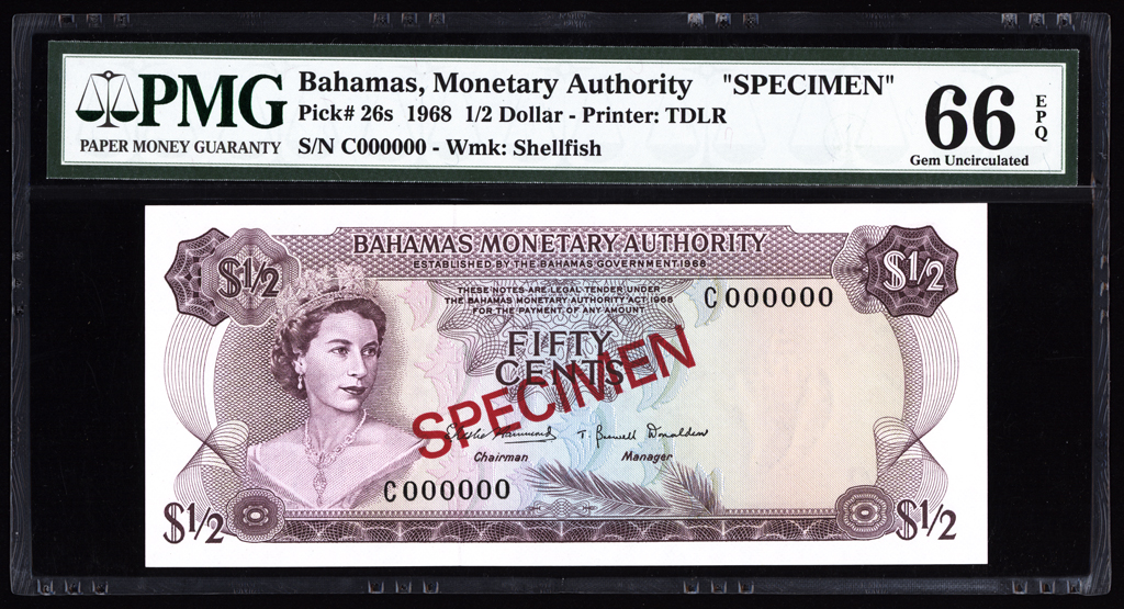 Bahamas 1/2 Dollar Specimen 1968 P26s PMG Gem Uncirculated 66 EPQ