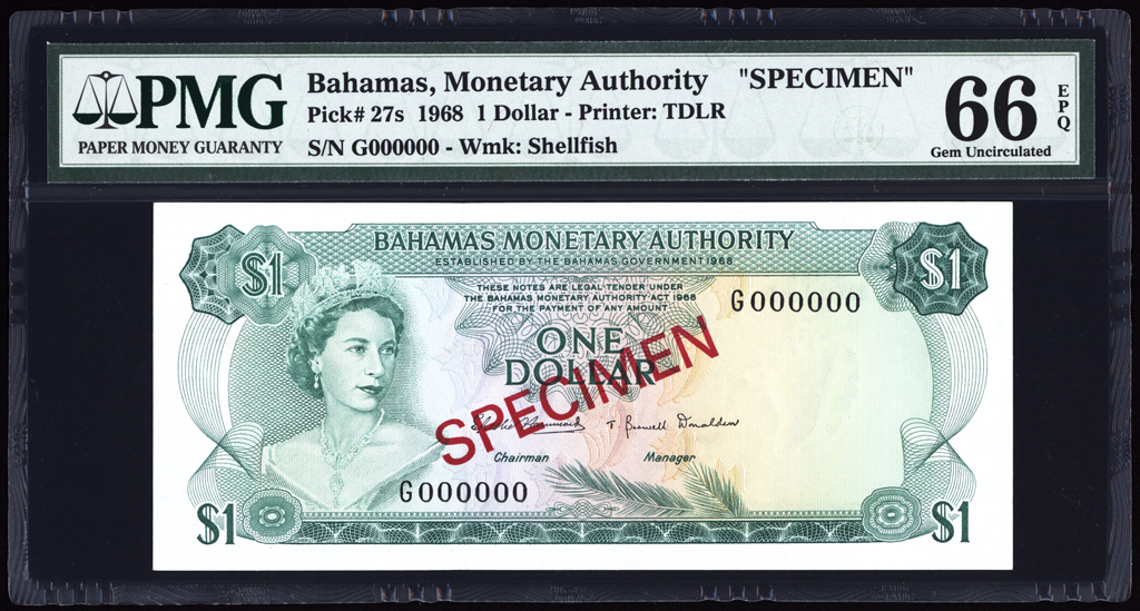 Bahamas 1 Dollar Specimen 1968 P27s PMG Gem Uncirculated 66 EPQ