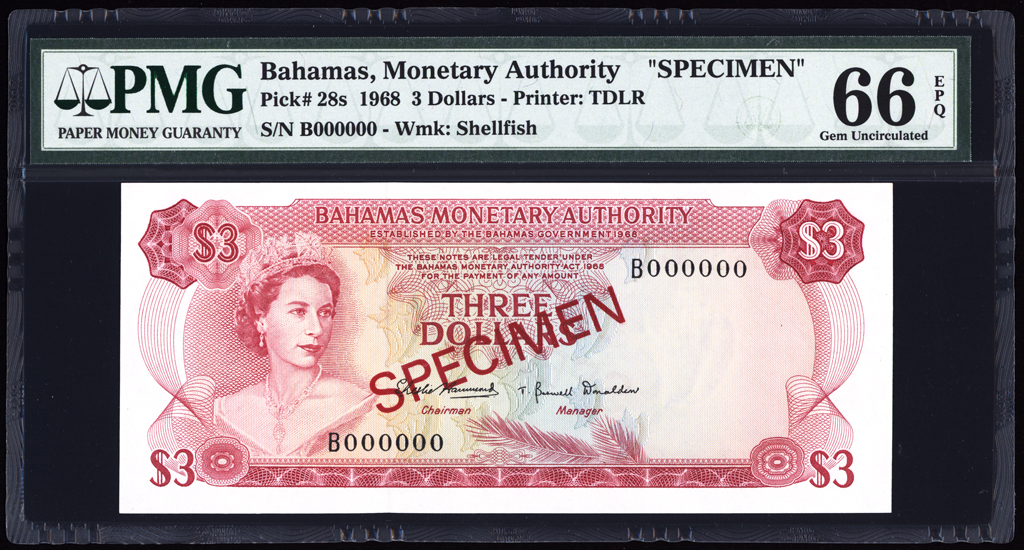 Bahamas 3 Dollars Specimen 1968 P28s PMG Gem Uncirculated 66 EPQ