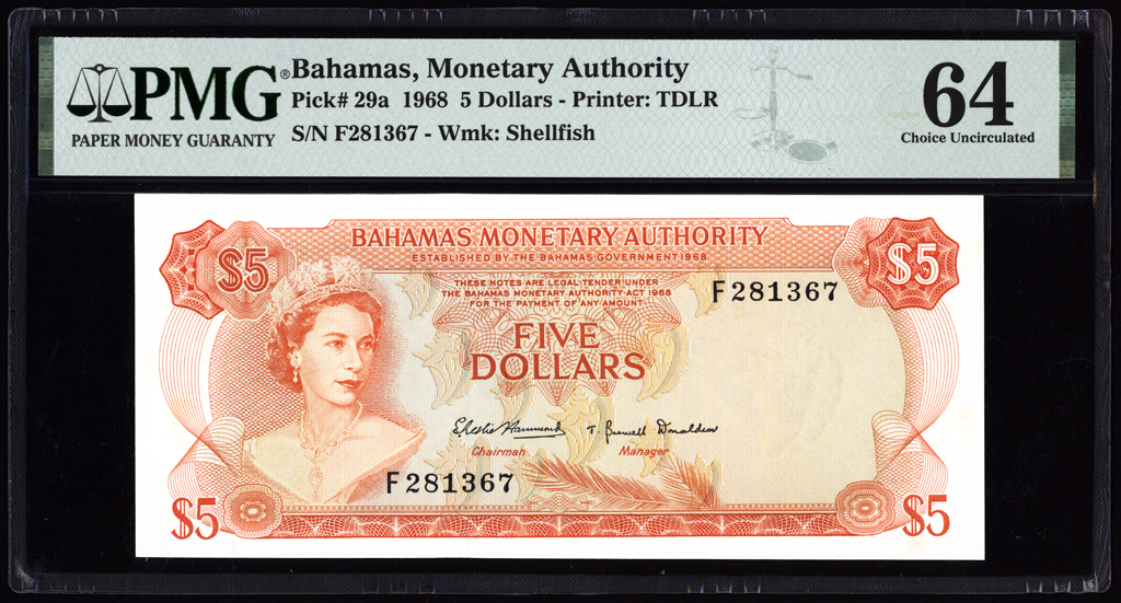 Bahamas 5 Dollars 1968 P29a PMG Choice Uncirculated 64