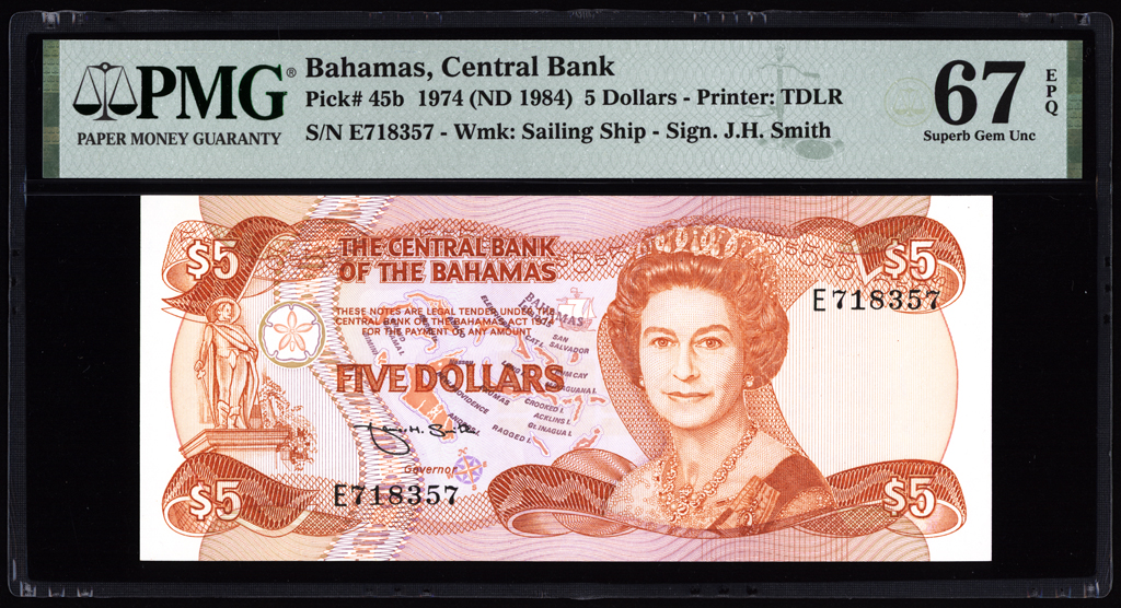 Bahamas 5 Dollars 1984 P45b PMG Superb Gem Uncirculated 67 EPQ