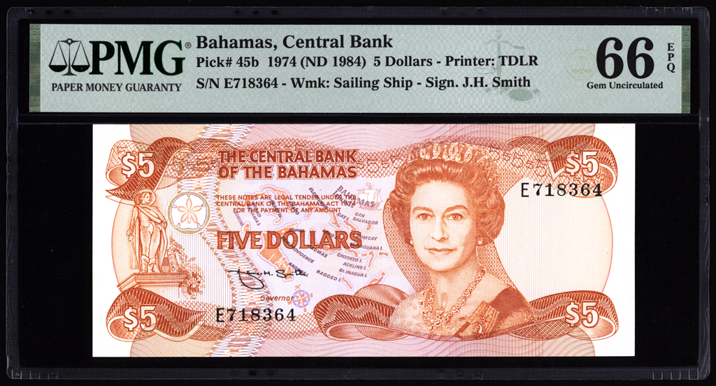 Bahamas 5 Dollars 1974 P45b PMG Gem Uncirculated 66 EPQ