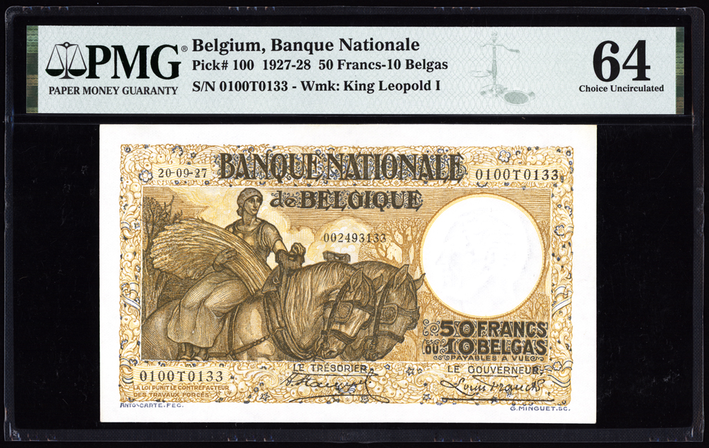 Belgium 50 Francs = 10 Belgas 1927 P100 PMG Choice Uncirculated 64