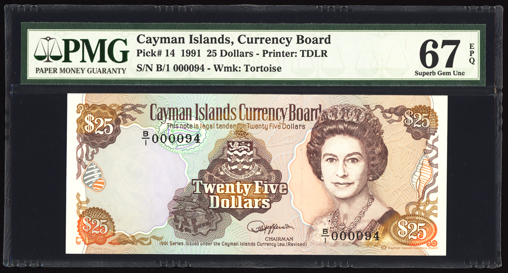 Cayman Islands 25 Dollars 1991 P14 PMG Gem Uncirculated 67 EPQ LOW SERIAL #94